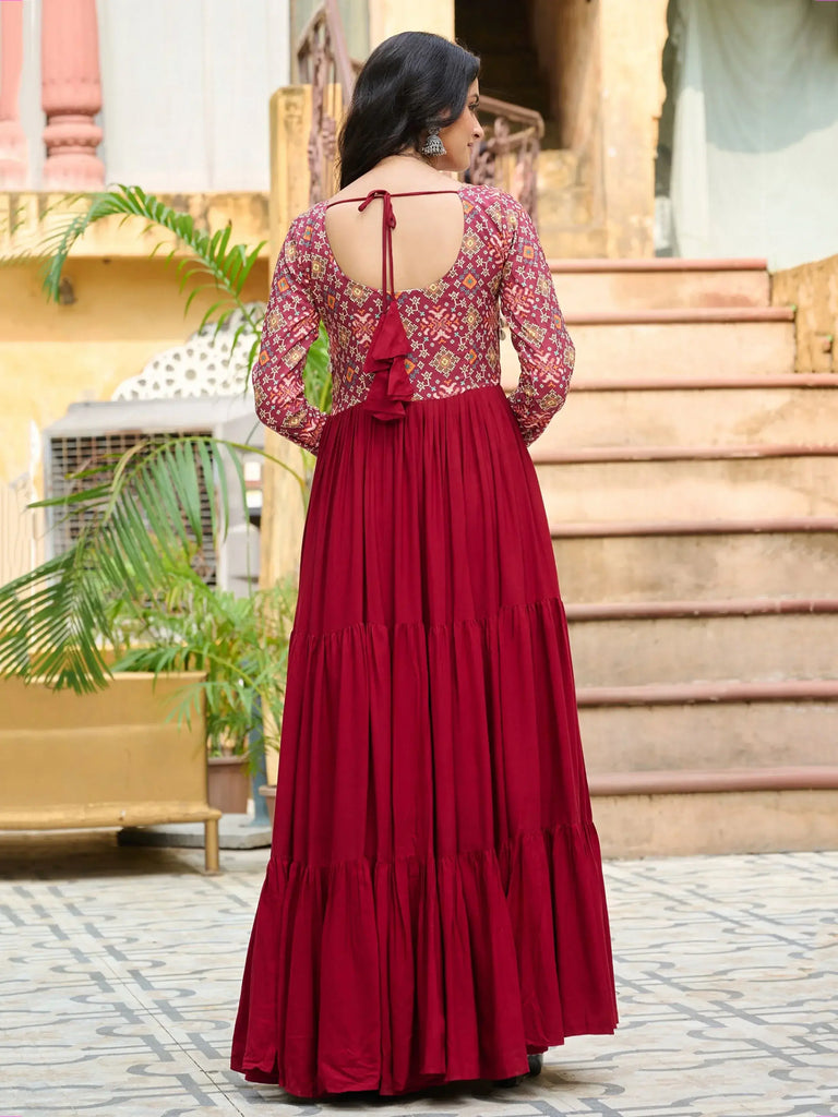 Delicate Red Rayon Gamthi Work Navratri Wear Layered Gown