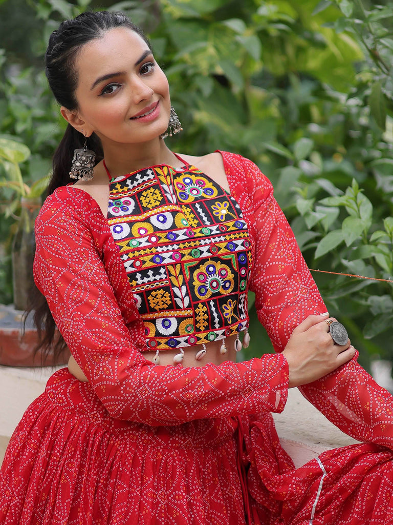 Beautiful Red Gota Patti Work Georgette Navratri Wear Crop Top Lehenga