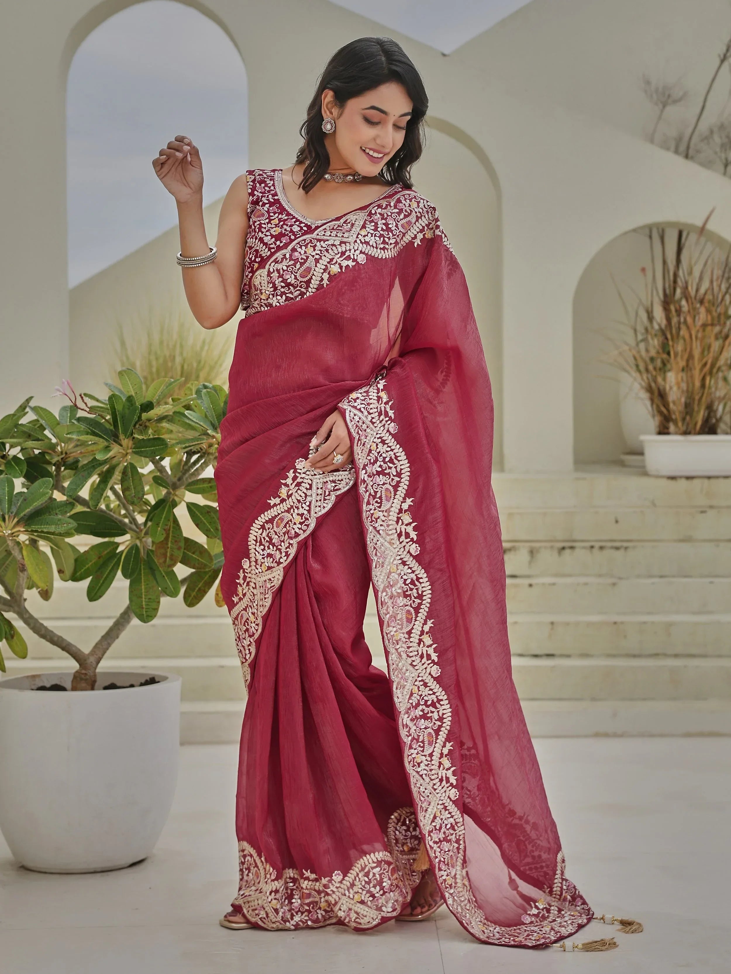 Beautiful Red Sequins Organza Wedding Wear Saree With Blouse