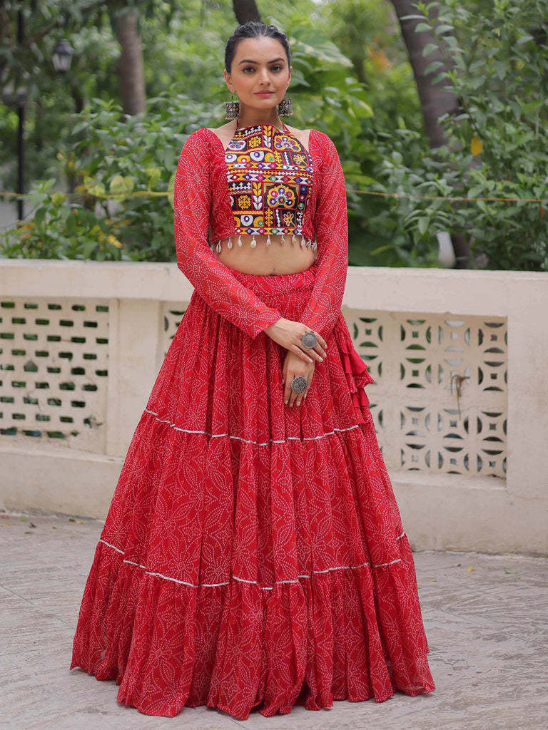 Beautiful Red Gota Patti Work Georgette Navratri Wear Crop Top Lehenga
