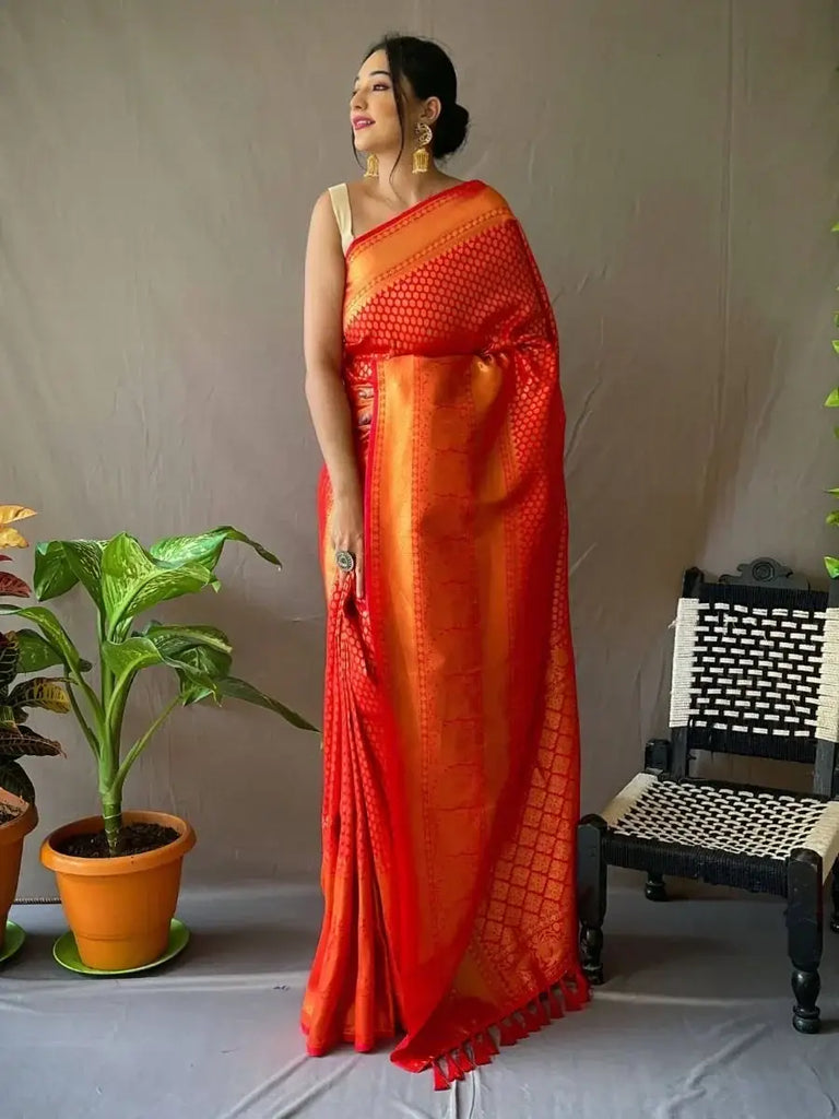 Lavish Red Jacquard Kanjeevaram Silk Wedding Saree With Blouse