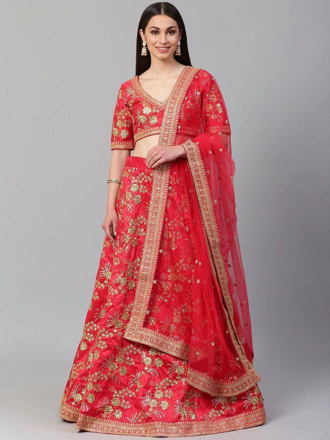 Red embroidered lehenga choli with gold floral work and matching dupatta, ideal for Indian weddings and festive occasions