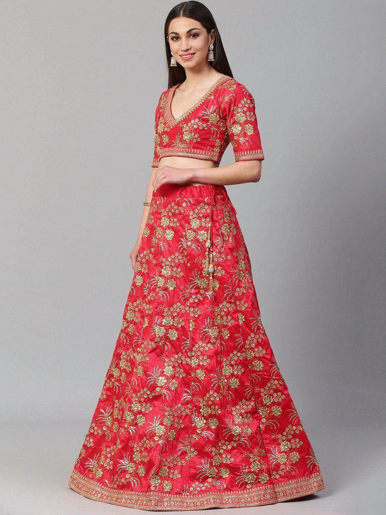 Red & Golden Semi-Stitched Myntra Lehenga & Unstitched Choli with Dupatta