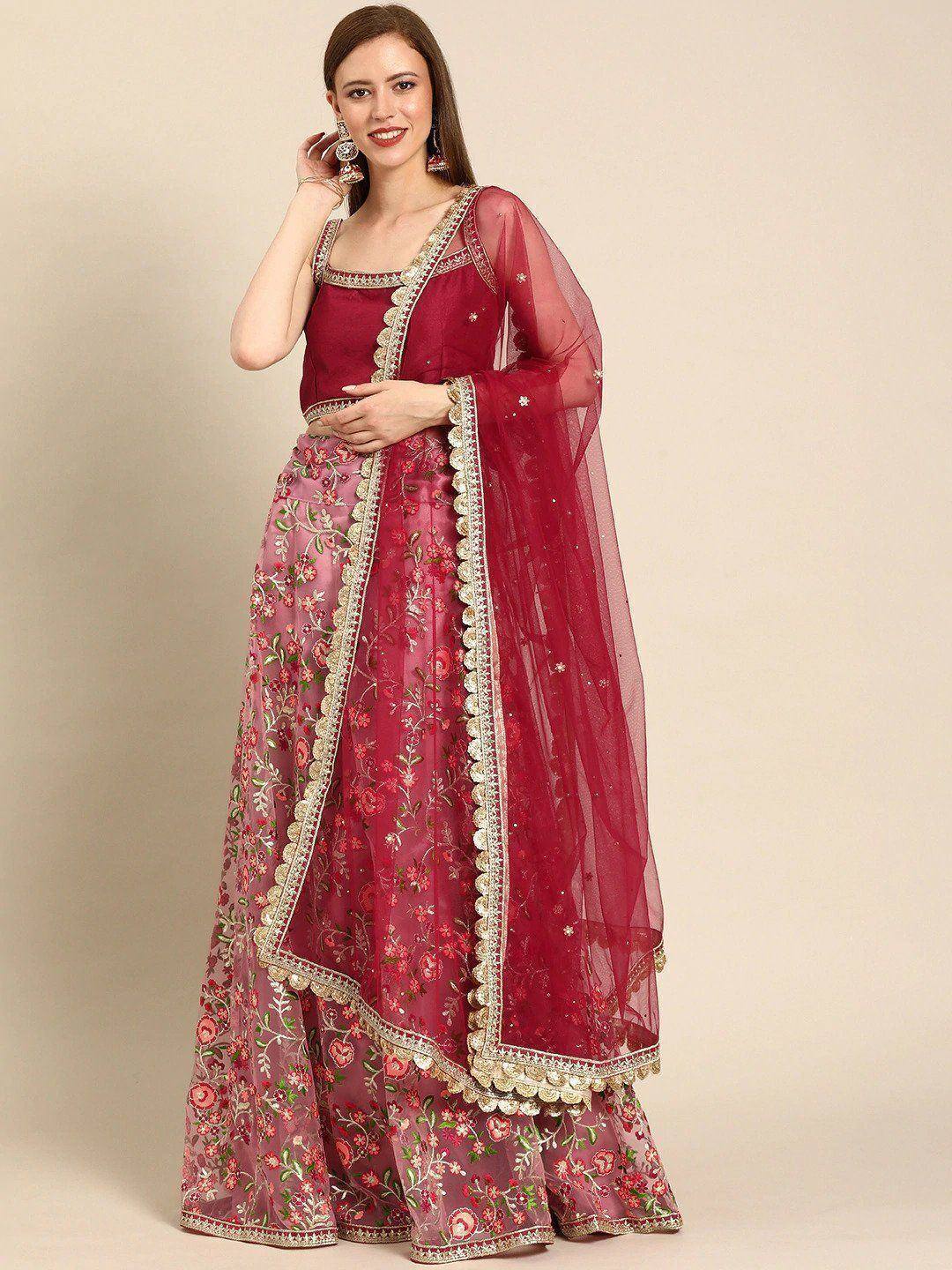 Maroon embroidered lehenga choli with floral net skirt and dupatta, Indian ethnic wear