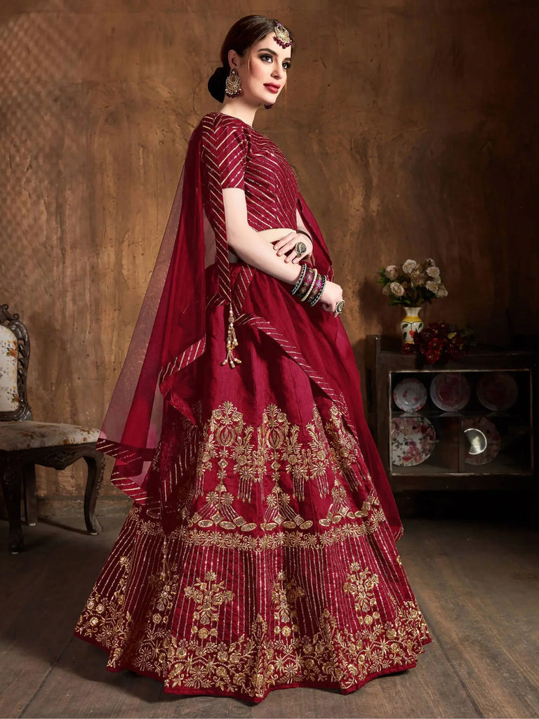 Red Zari Embroidery Art Silk Bridal Lehenga Choli With Dupatta