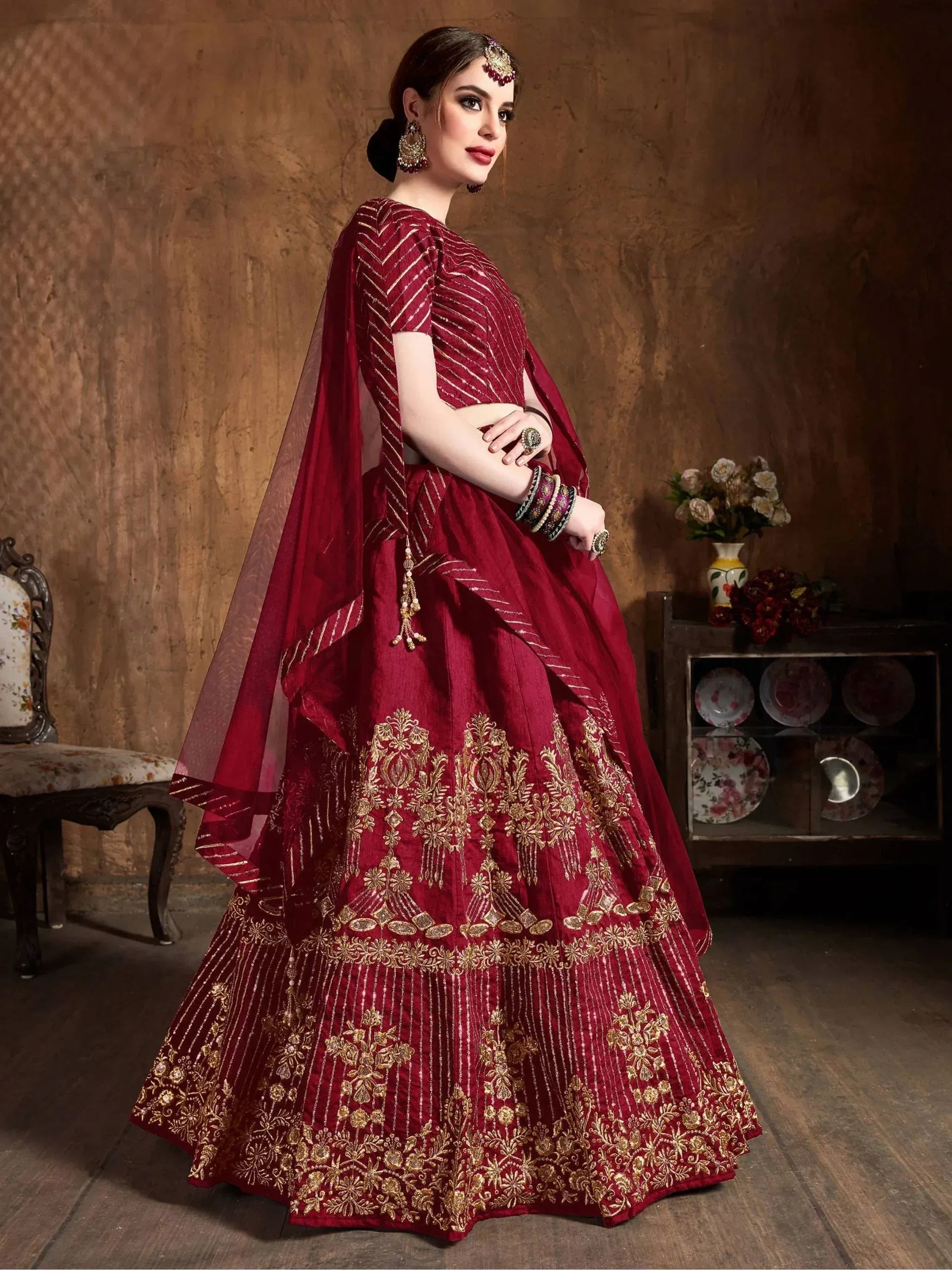 Red Zari Embroidery Art Silk Bridal Lehenga Choli With Dupatta