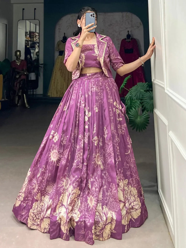 Refreshing Purple Printed Tussar Silk Party Wear Crop Top Lehenga With Jacket - Ethnic Plus In