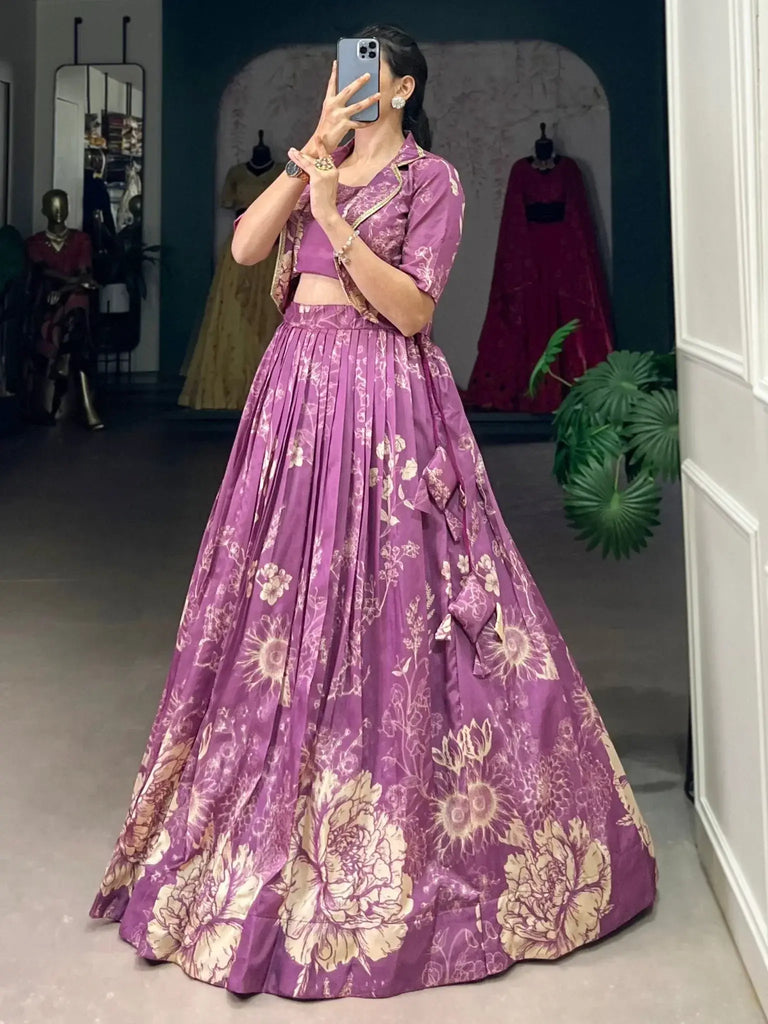 Refreshing Purple Printed Tussar Silk Party Wear Crop Top Lehenga With Jacket - Ethnic Plus In