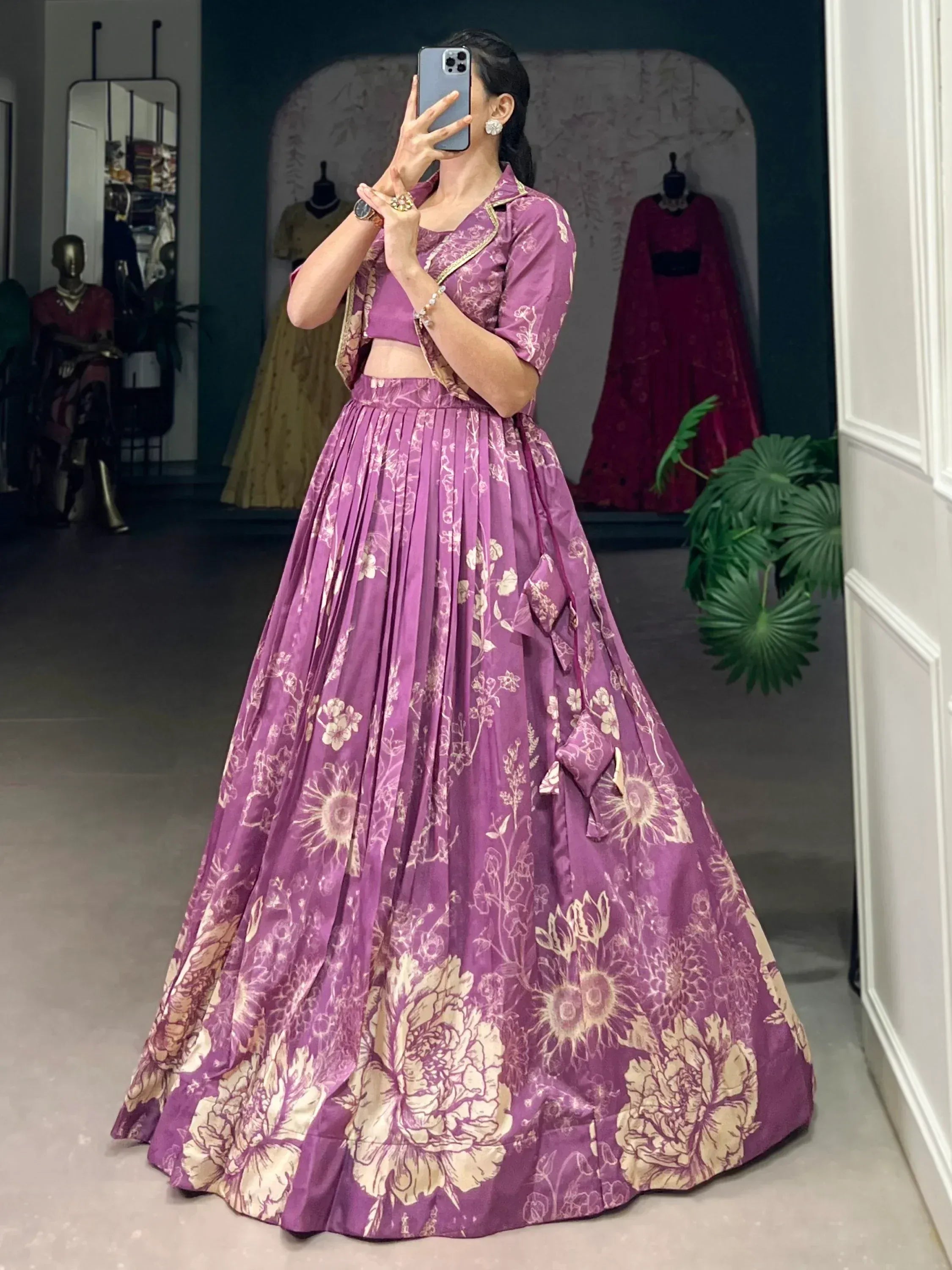 Purple floral lehenga choli with gold print, perfect for Indian ethnic wear occasions