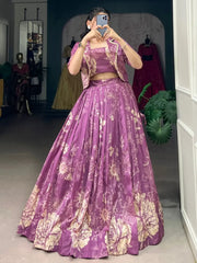 Refreshing Purple Printed Tussar Silk Party Wear Crop Top Lehenga With Jacket - Ethnic Plus In