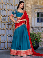 Refreshing Teal Blue Border Work Vichitra Silk Festive Wear Half Saree Lehenga