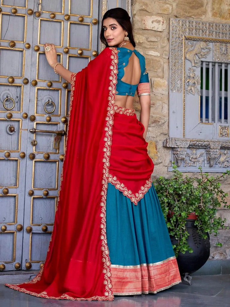 Refreshing Teal Blue Border Work Vichitra Silk Festive Wear Half Saree Lehenga - Ethnic Plus In