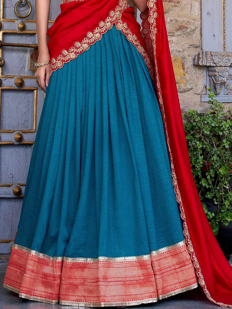 Refreshing Teal Blue Border Work Vichitra Silk Festive Wear Half Saree Lehenga - Ethnic Plus In