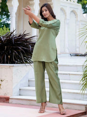 Regal Pista Green Hand Embroidered Silk Blend Co - ord Set - Ethnic Plus In