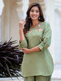 Regal Pista Green Hand Embroidered Silk Blend Co - ord Set - Ethnic Plus In