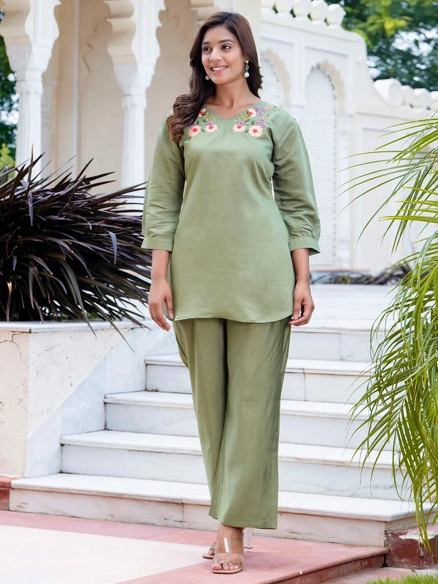 Olive green embroidered kurta with palazzo pants, Indian ethnic wear for women