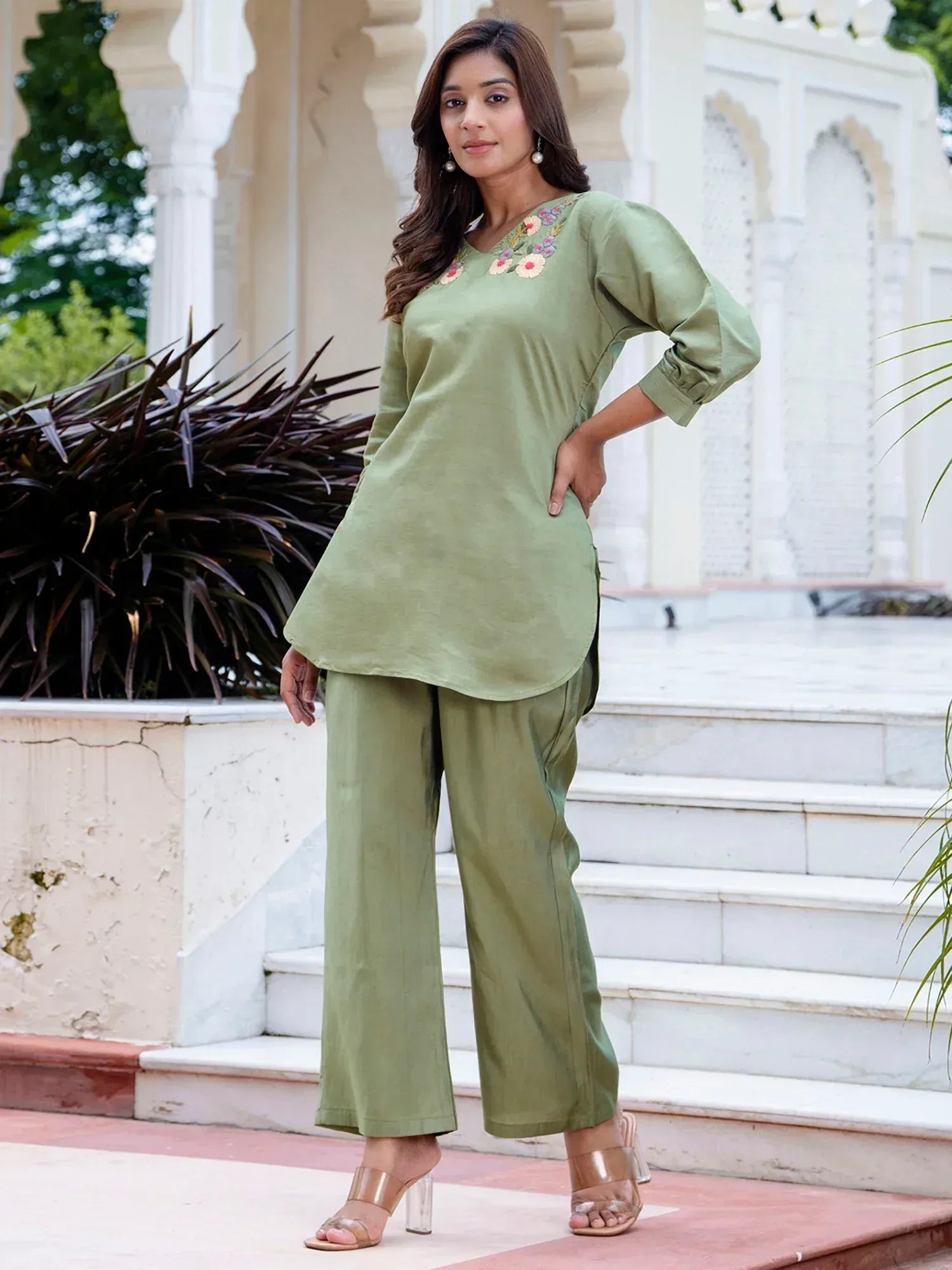 Olive green embroidered kurta with palazzo pants, Indian ethnic wear for women