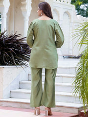 Regal Pista Green Hand Embroidered Silk Blend Co - ord Set - Ethnic Plus In
