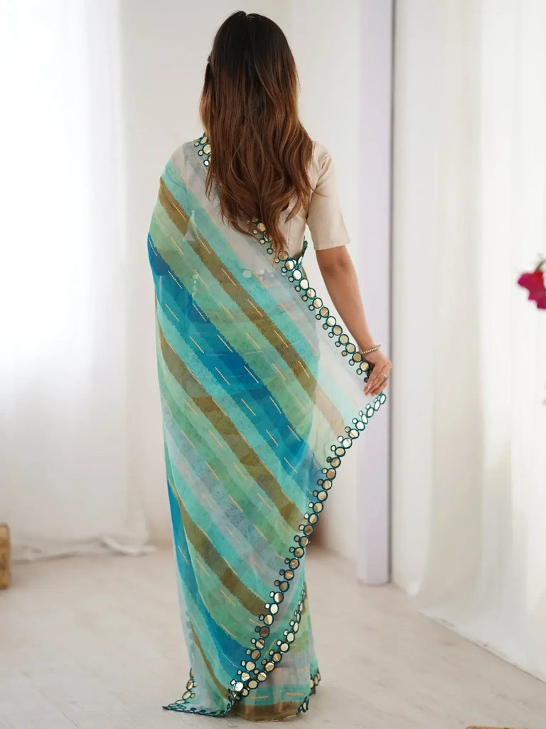 Regal Sky Blue Mirror Work Chiffon Saree With Blouse - Ethnic Plus In