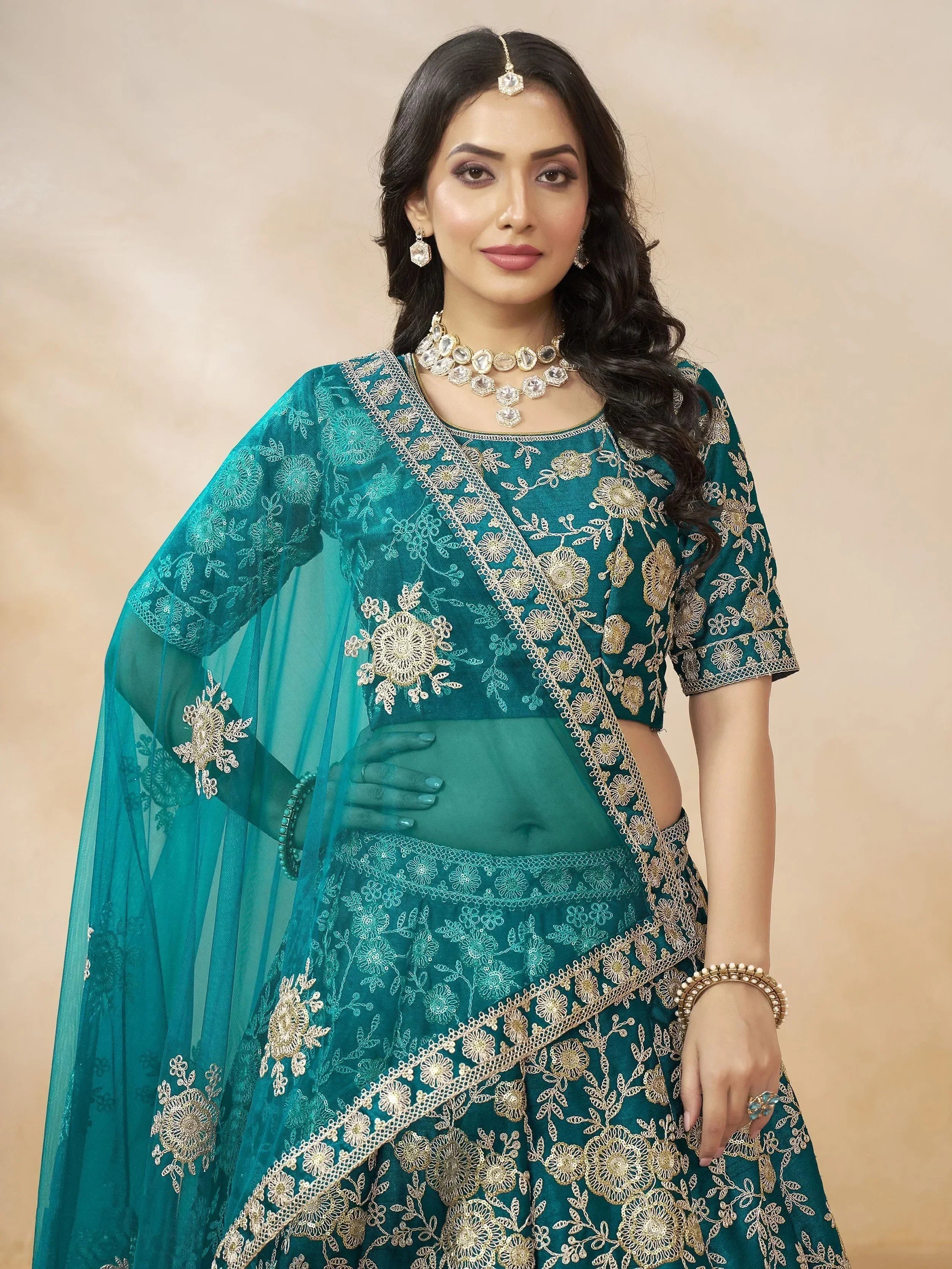 Regal Teal Green Embroidered Silk Lehenga Choli With Dupatta - Ethnic Plus In
