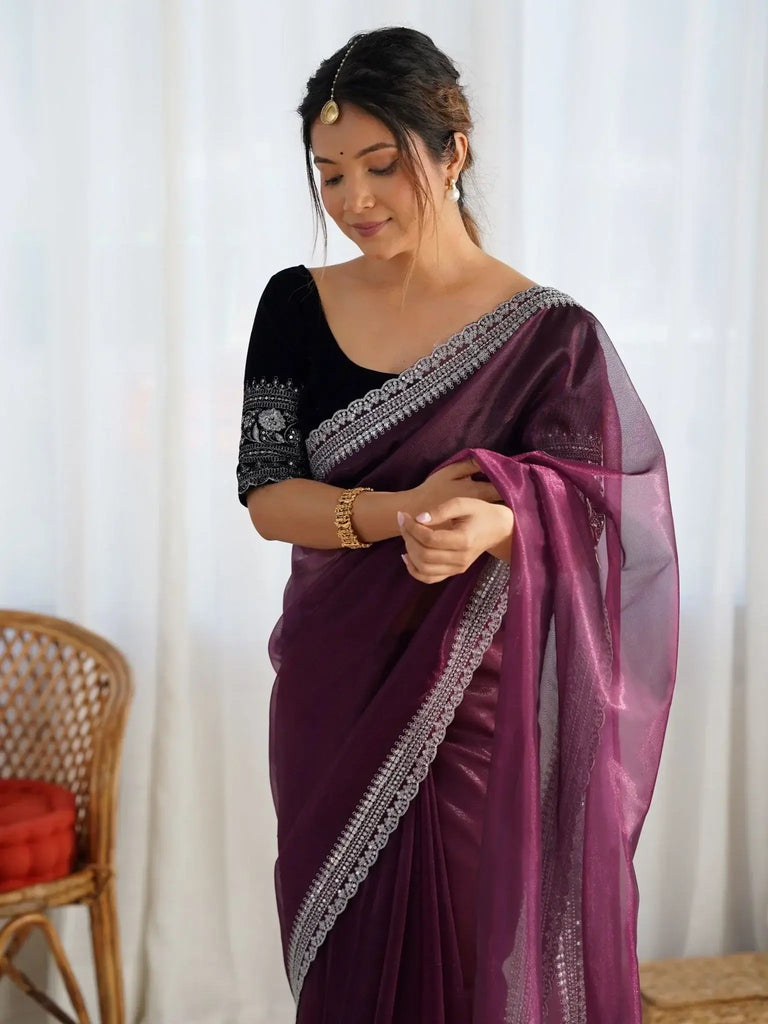 Regal Wine Net Golden Zari Festival Wear Saree With Blouse - Ethnic Plus In