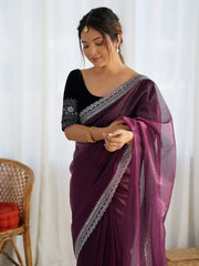 Regal Wine Net Golden Zari Festival Wear Saree With Blouse - Ethnic Plus In