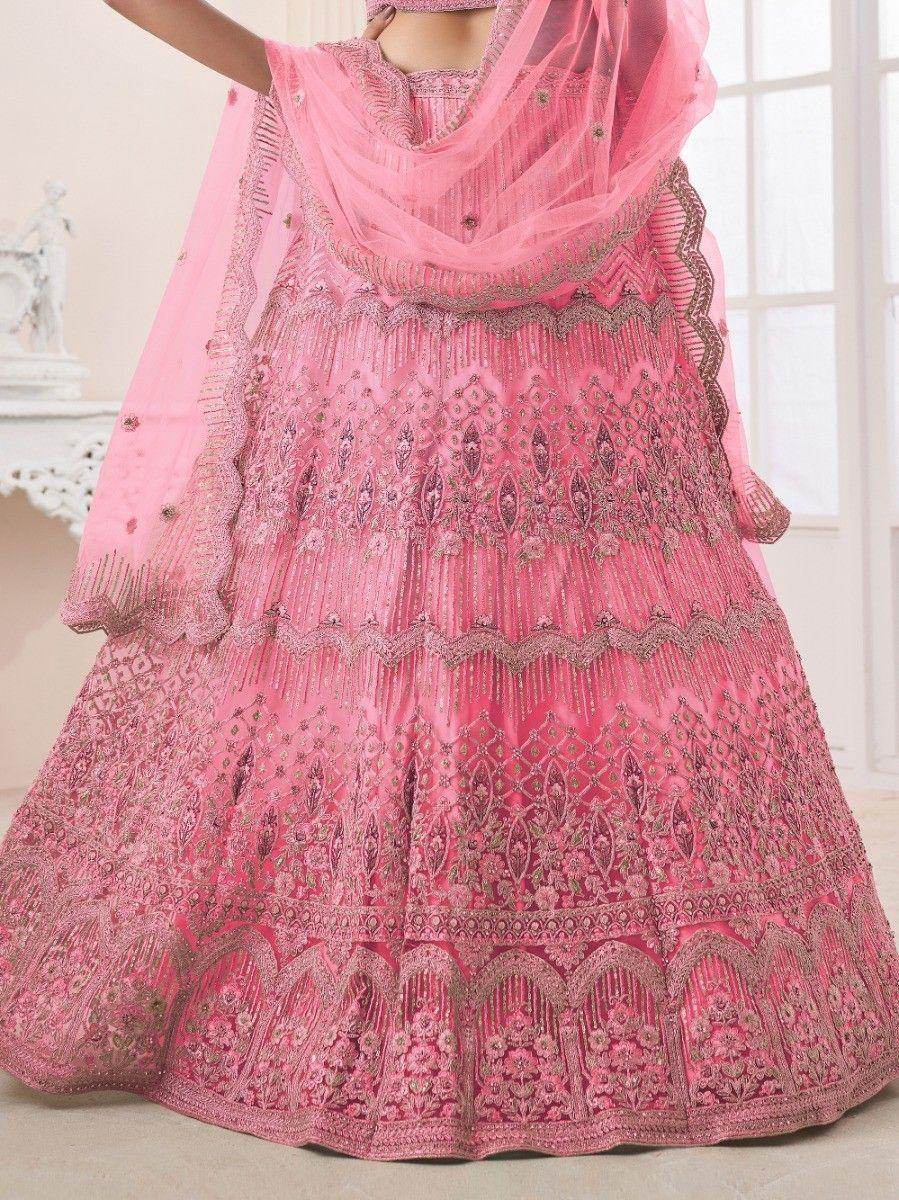 Remarkable Coral Pink Sequins Work Net Wedding Wear Lehenga Choli