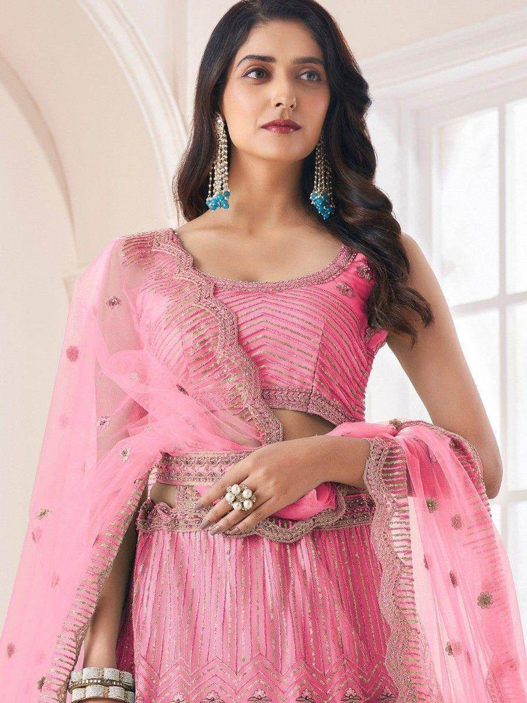 Remarkable Coral Pink Sequins Work Net Wedding Wear Lehenga Choli