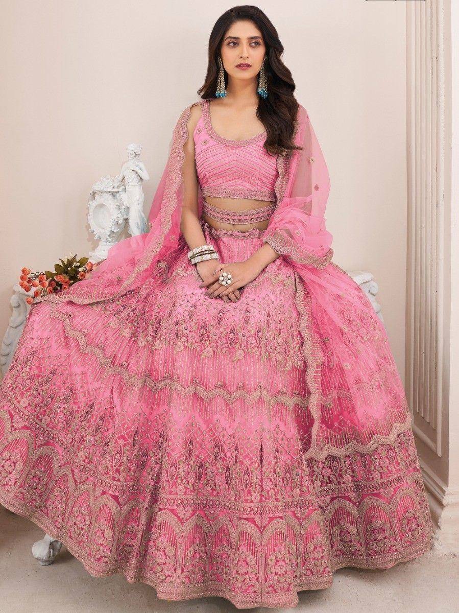 Pink embroidered lehenga choli with dupatta, Indian ethnic wear for weddings and festivals