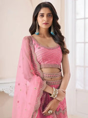 Remarkable Coral Pink Sequins Work Net Wedding Wear Lehenga Choli