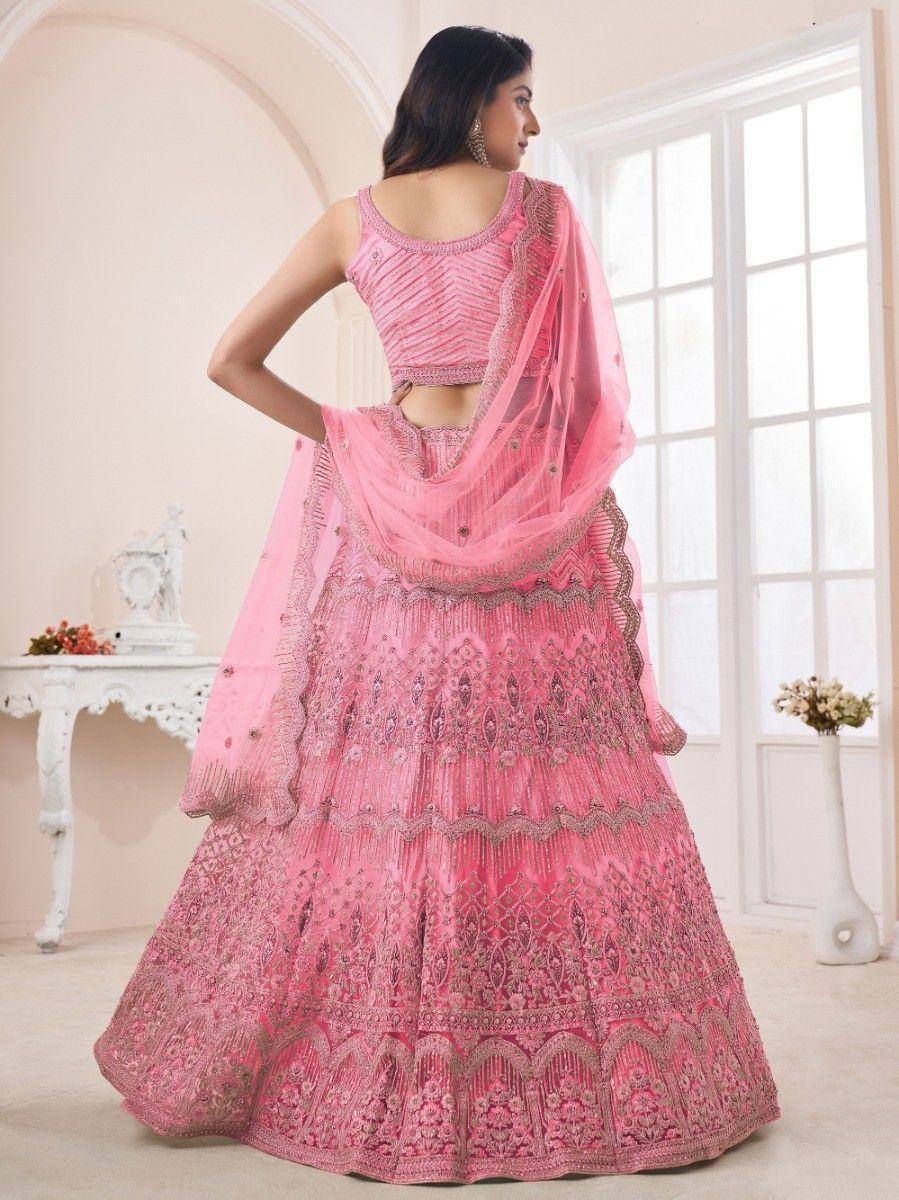 Pink embroidered lehenga choli with dupatta, Indian ethnic wear for weddings and occasions