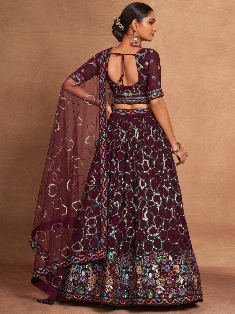 Glamorous Maroon Sequins Georgette Reception Wear Lehenga Choli