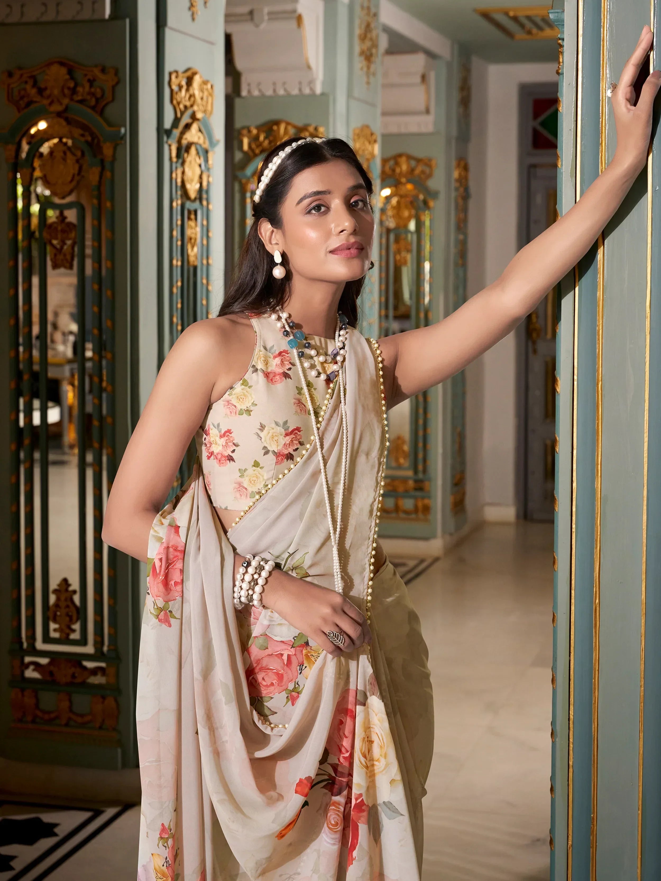 Rich Off White Floral Printed Office Wear Saree With Blouse - Ethnic Plus In