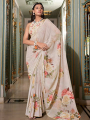 Rich Off White Floral Printed Office Wear Saree With Blouse - Ethnic Plus In