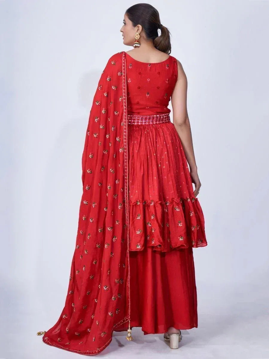 Red embroidered lehenga choli with dupatta, Indian ethnic wear for women