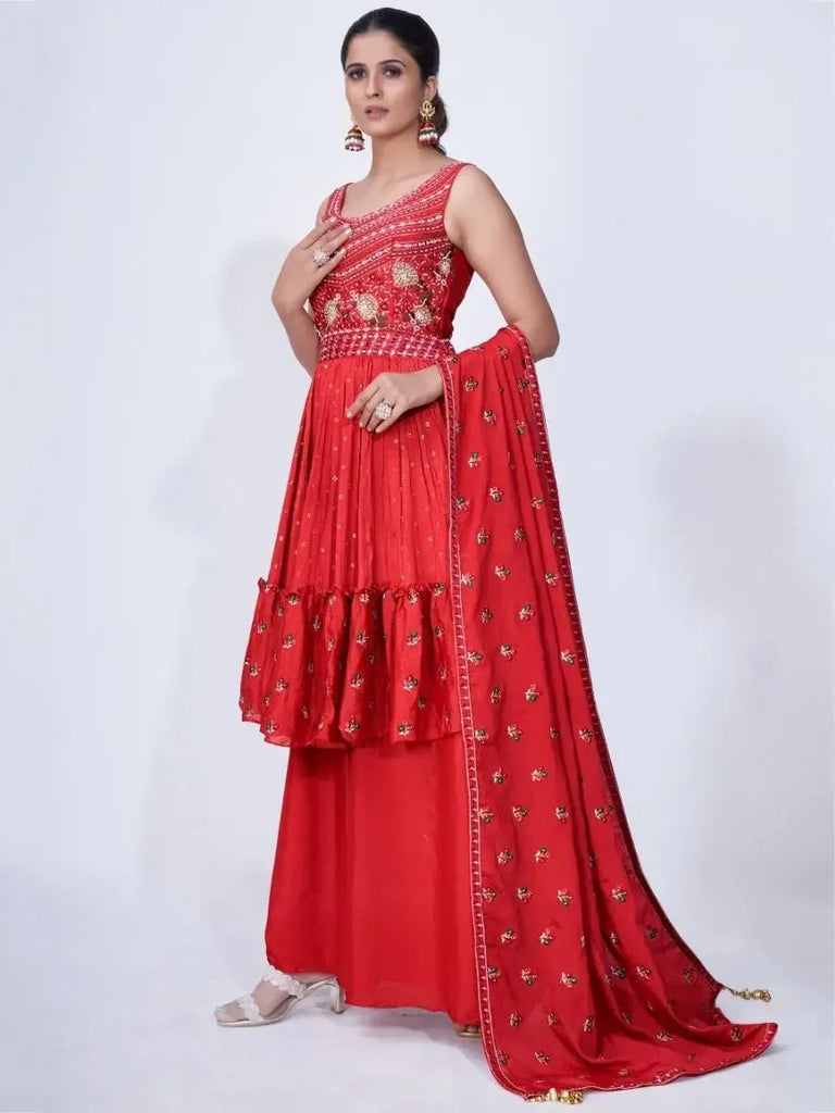 Phenomenal Red Thread Embroidered Chiffon Ready-Made Palazzo Suit