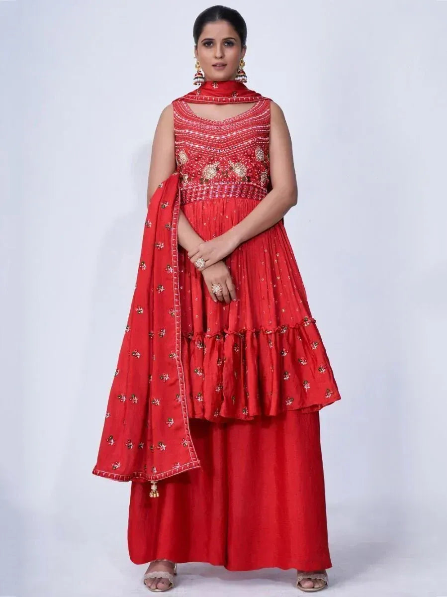 Red embroidered anarkali suit with dupatta, Indian ethnic wear for women