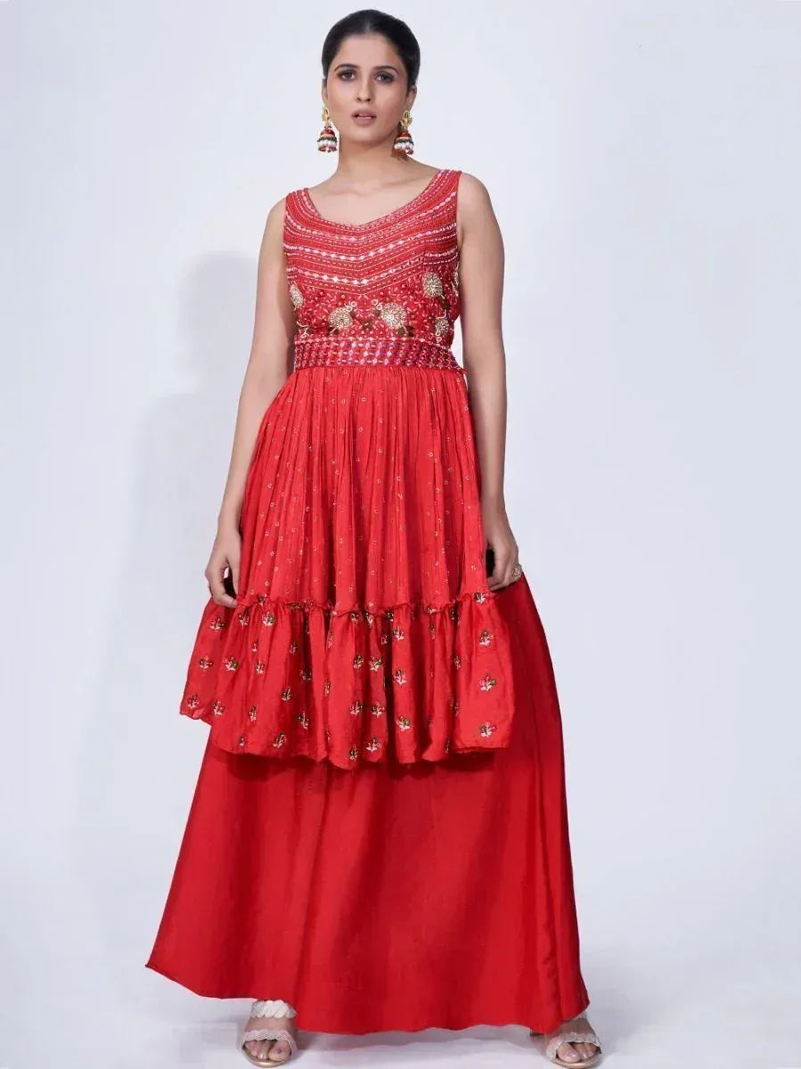 Red embroidered ethnic gown with layered skirt, perfect for Indian occasions and festive wear