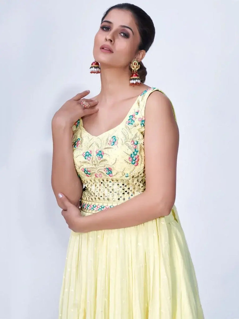 Elegant Light Yellow Embroidered Chiffon Ready-Made Palazzo Suit