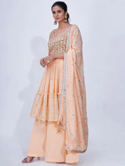 Graceful Peach Thread Embroidery Chiffon Ready-Made Palazzo Suit