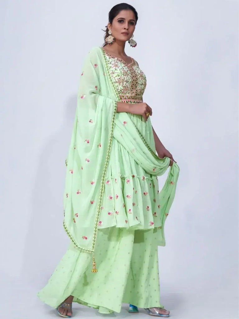 Alluring Mint Green Embroidered Chiffon Ready-Made Palazzo Suit
