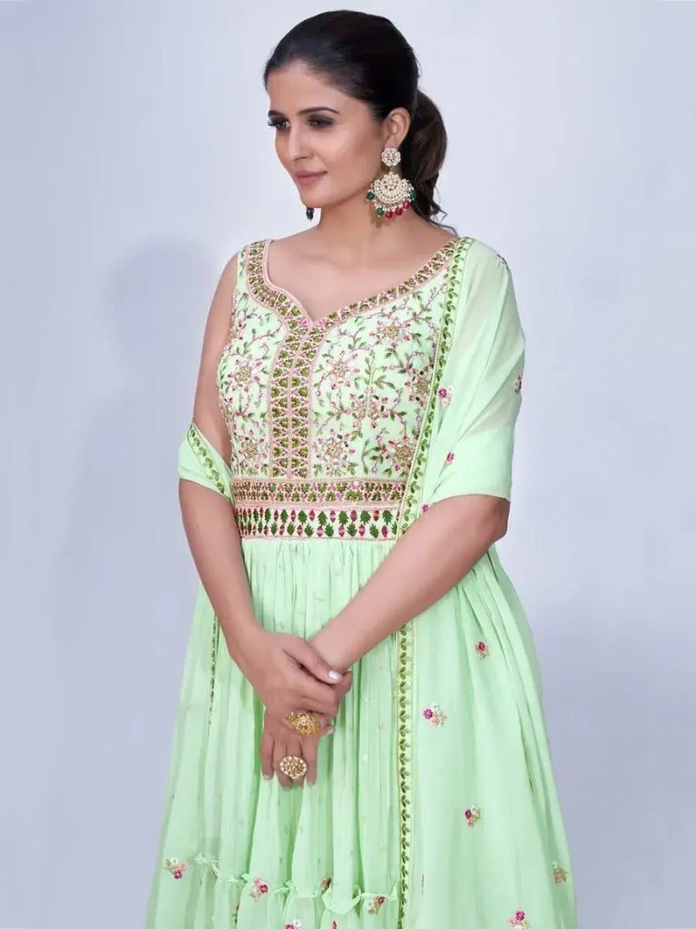 Alluring Mint Green Embroidered Chiffon Ready-Made Palazzo Suit