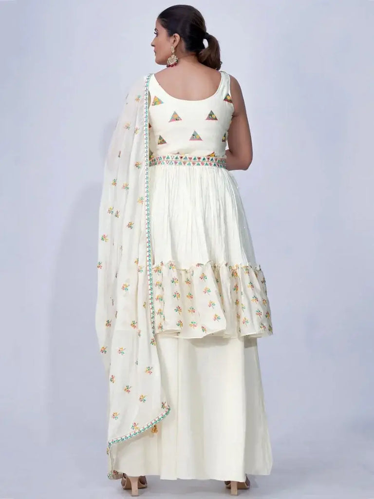 Adorable White Thread Embroidery Chiffon Ready-Made Palazzo Suit