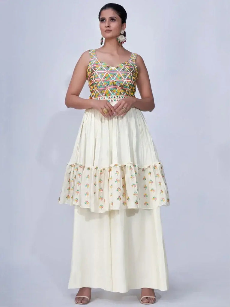 Adorable White Thread Embroidery Chiffon Ready-Made Palazzo Suit