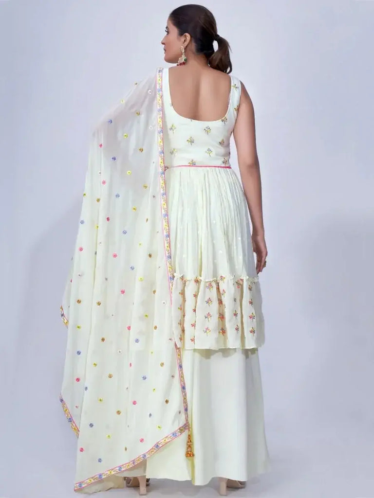 Lavish Off-white Thread Embroidery Chiffon Ready-Made Palazzo Suit