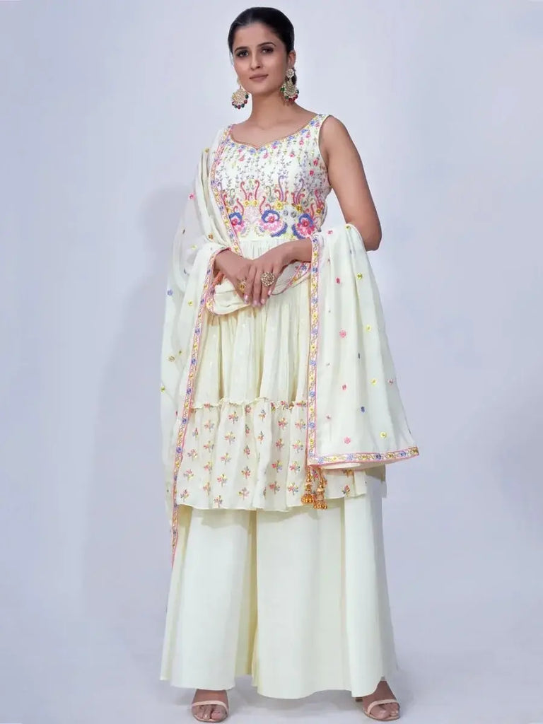 Lavish Off-white Thread Embroidery Chiffon Ready-Made Palazzo Suit