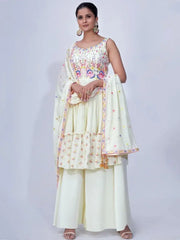 Lavish Off-white Thread Embroidery Chiffon Ready-Made Palazzo Suit