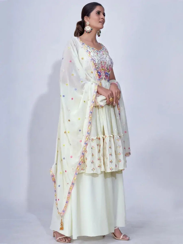 Lavish Off-white Thread Embroidery Chiffon Ready-Made Palazzo Suit