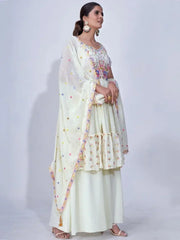 Lavish Off-white Thread Embroidery Chiffon Ready-Made Palazzo Suit