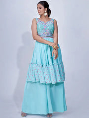 Attractive Sky-Blue Embroidery Chiffon Ready-Made Palazzo Suit
